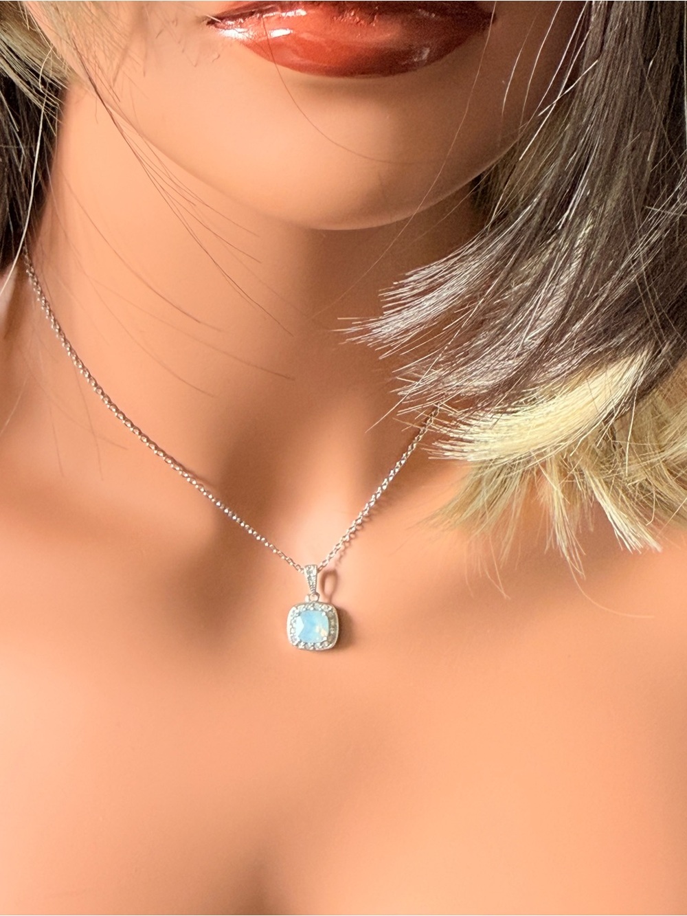 Lia Sophia Silver Blue Opal Halo Necklace
